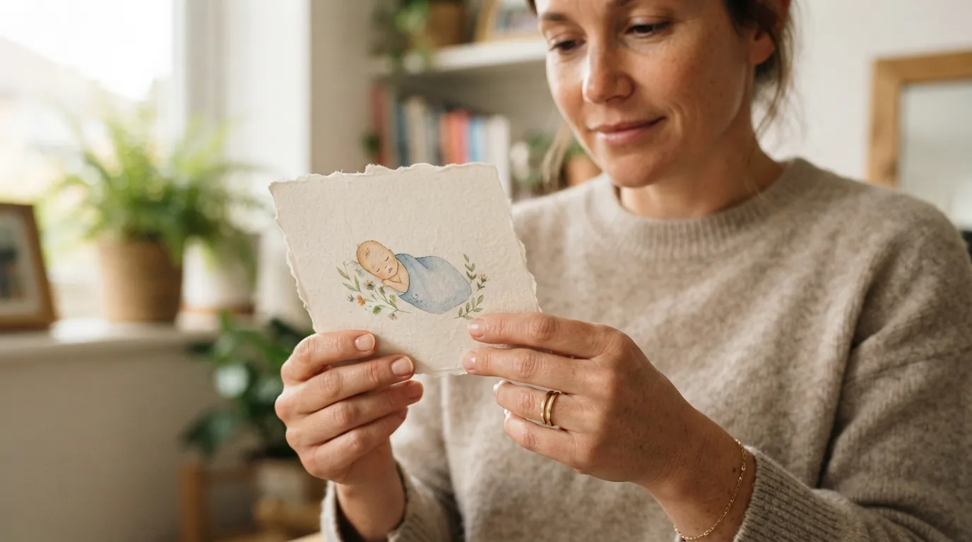 a person holding a handmade card with a cross or baby motif