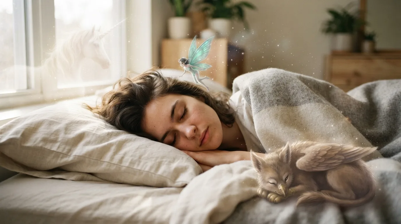 a person sleeping with mythical creatures depicted in a dreamlike scene