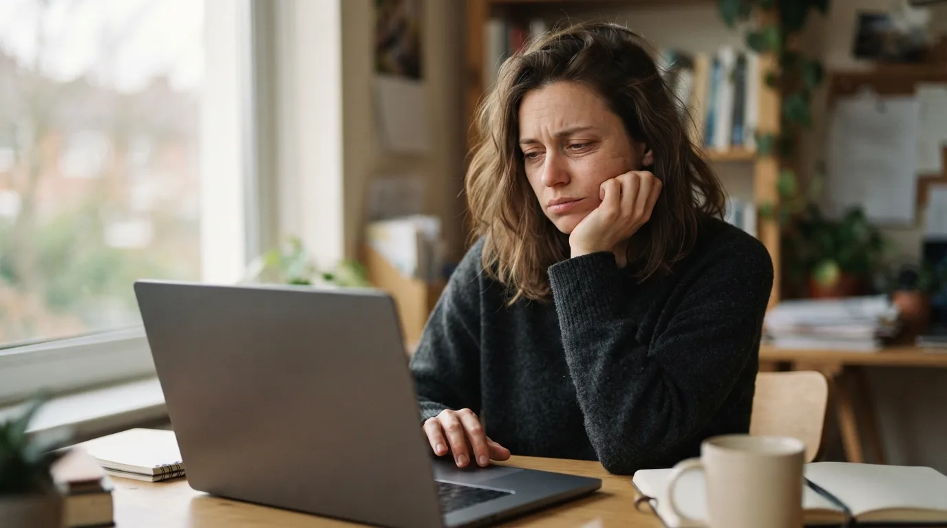 a person sitting at a laptop with a tired expression