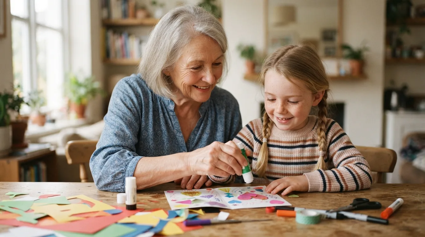 a child and grandmother making a card together