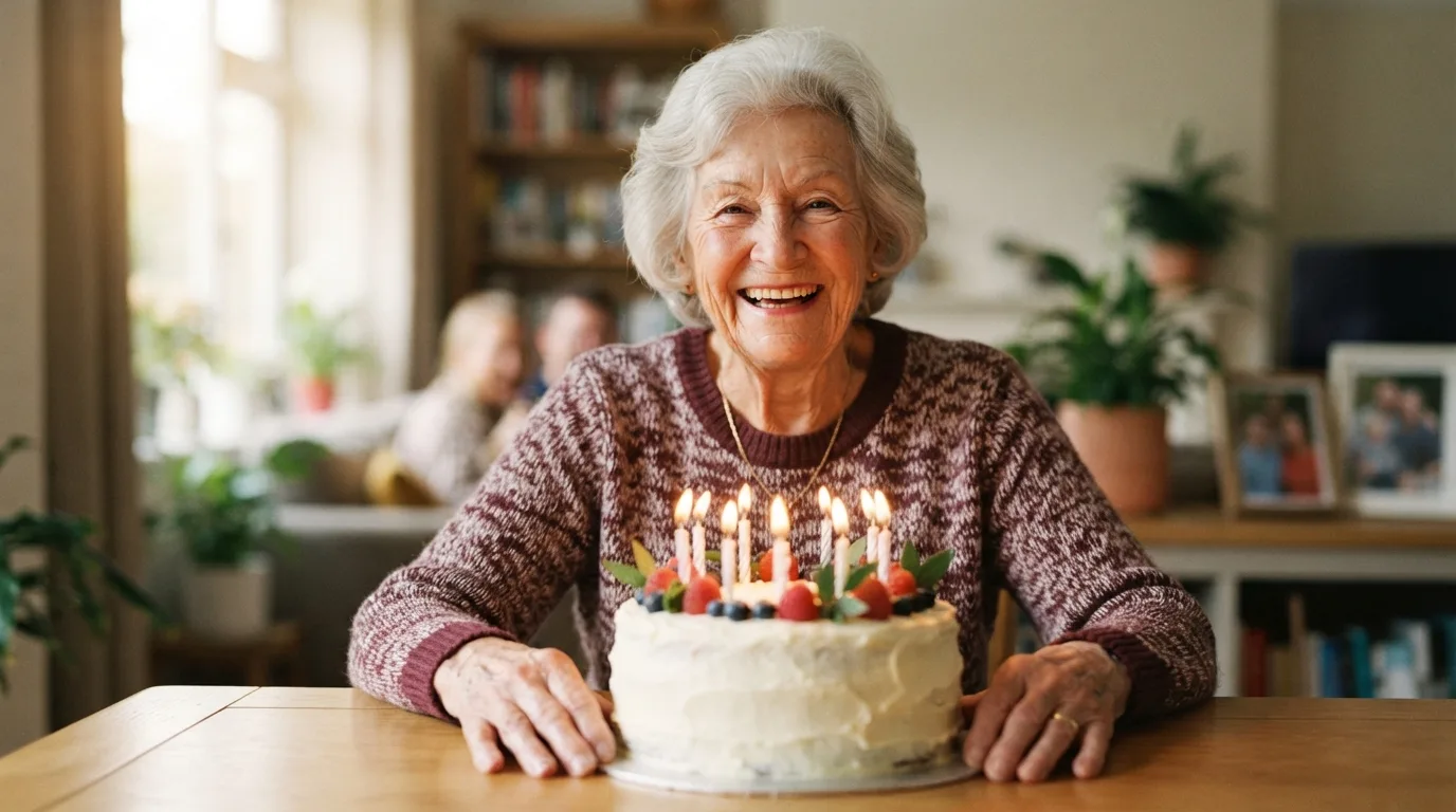 an elderly person smiling with a birthday cake