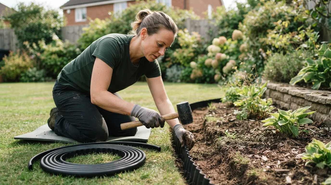 a person installing lawn edging in a garden