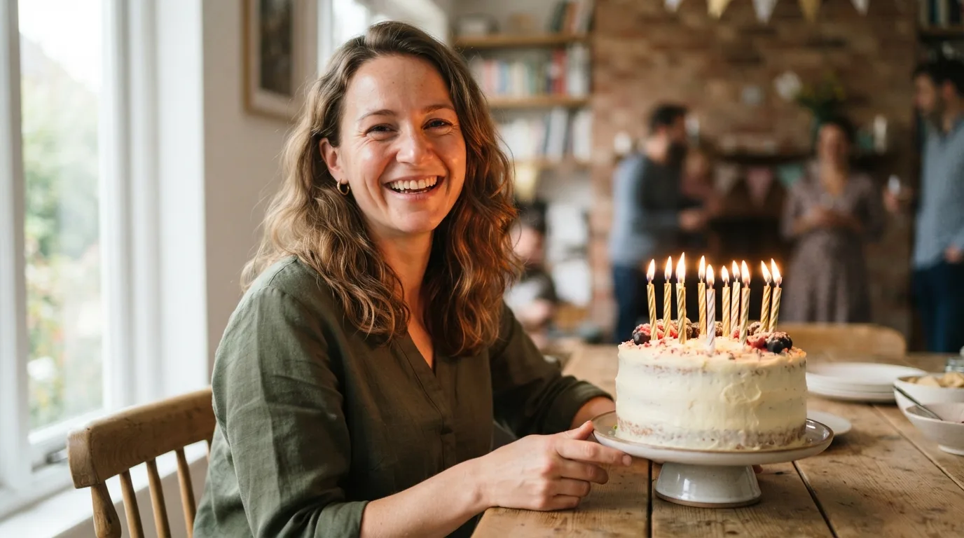 a woman smiling next to a birthday cake with candles