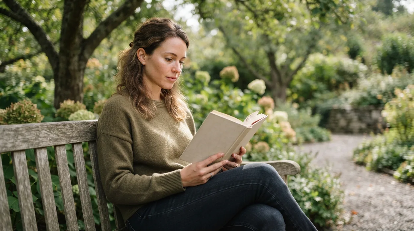 a person reading a book or phone in a peaceful outdoor setting