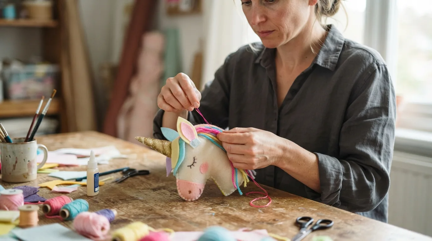 a person crafting a colorful unicorn decoration