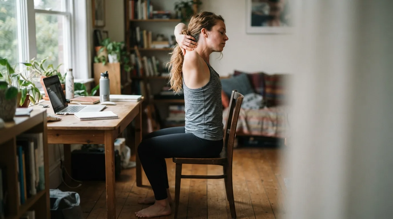 a woman stretching her upper back while seated