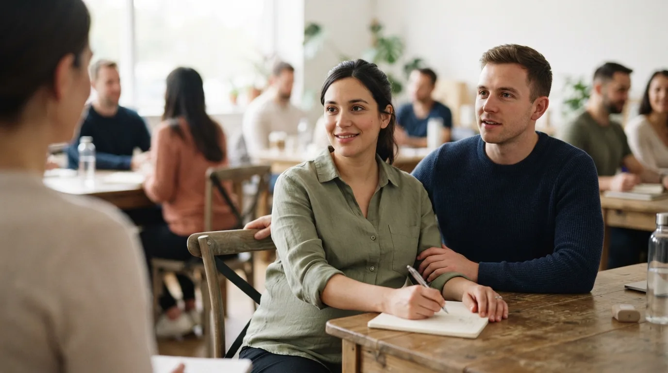 a pregnant couple attending a class