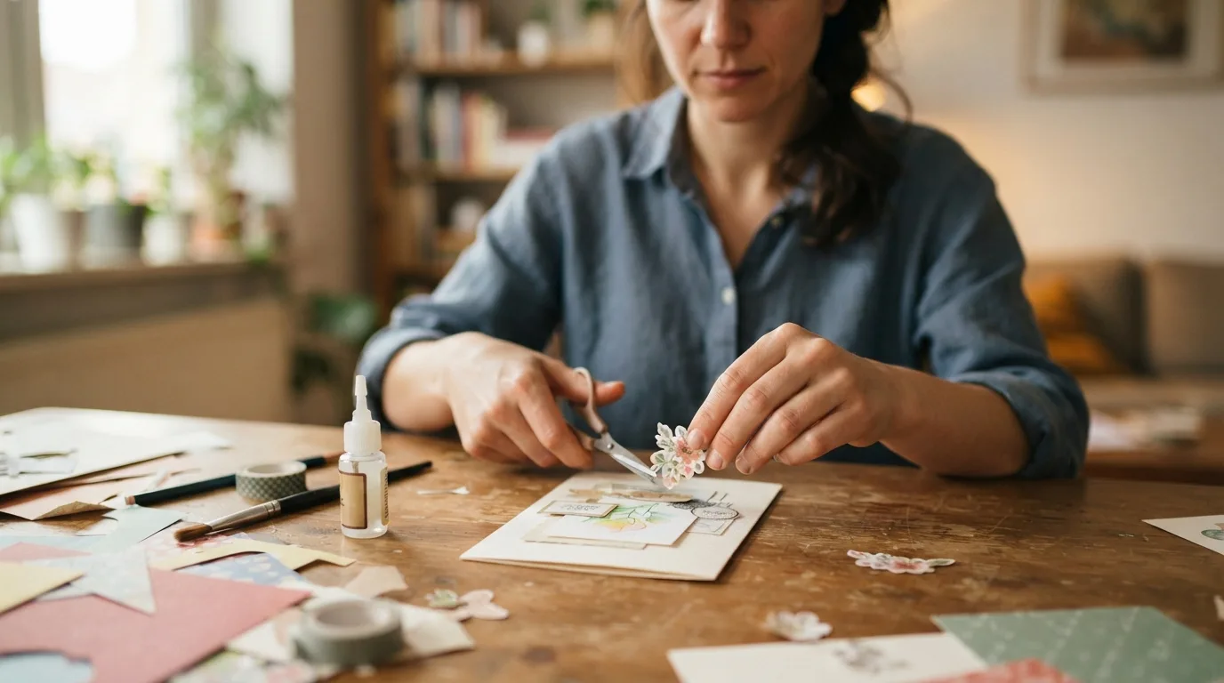 a person making a handmade greeting card with paper and decorations