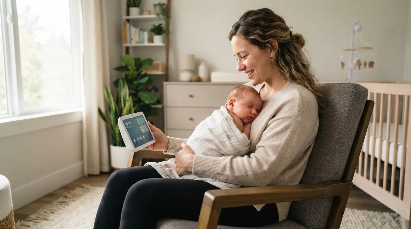 a parent and baby in a modern nursery with a smart device