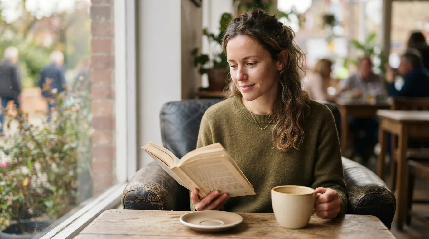 a person sitting peacefully with a book and a cup of coffee