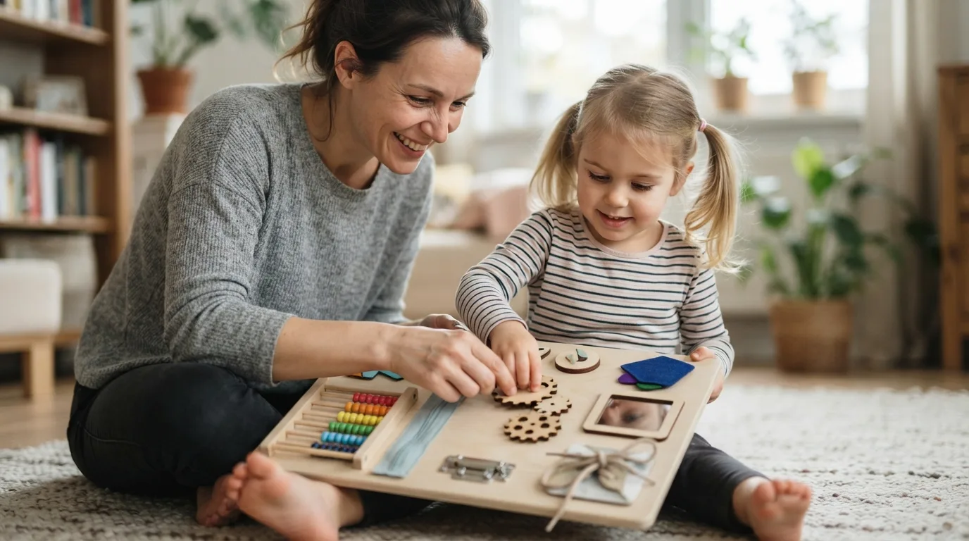 a parent and child playing with a sensory board together
