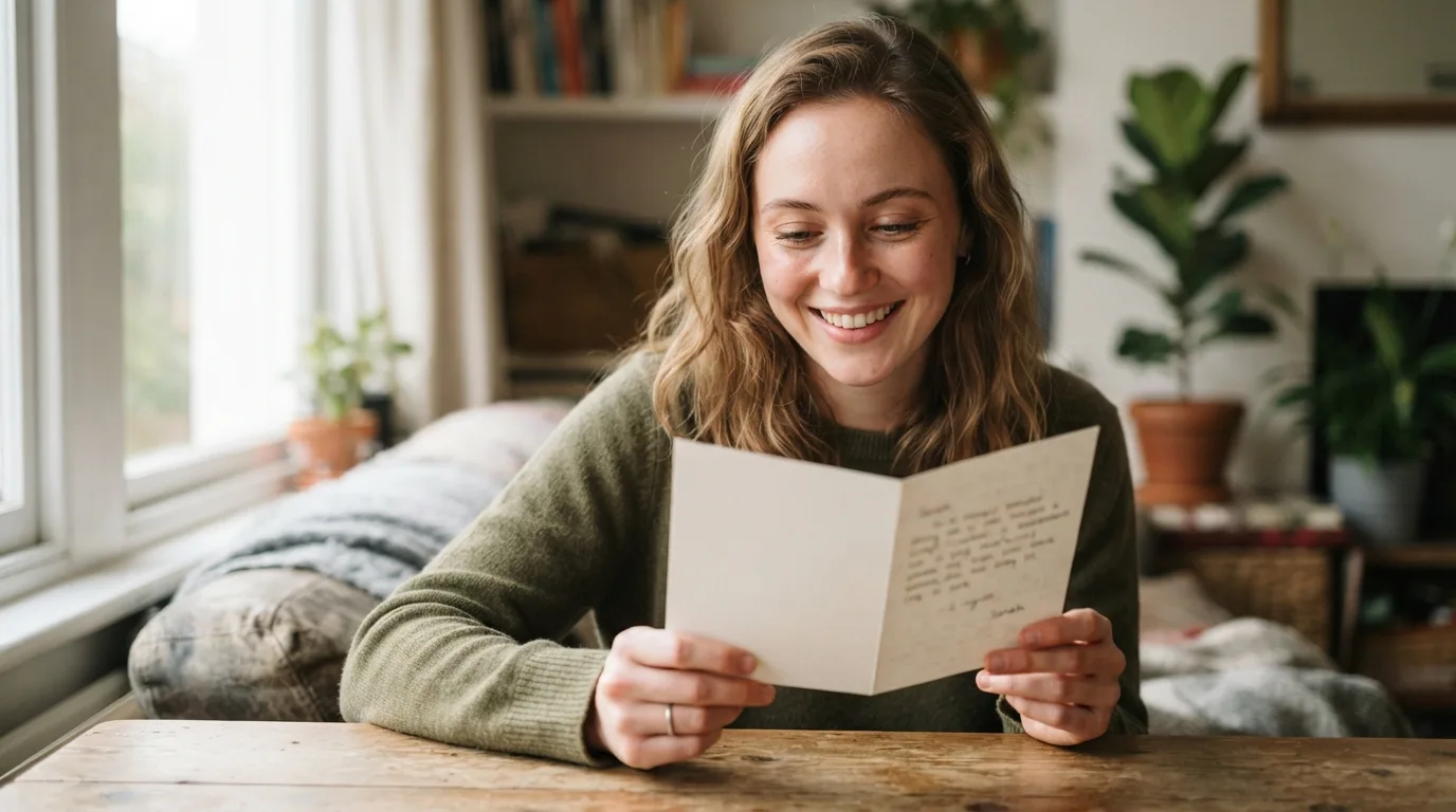 a person smiling while reading a greeting card