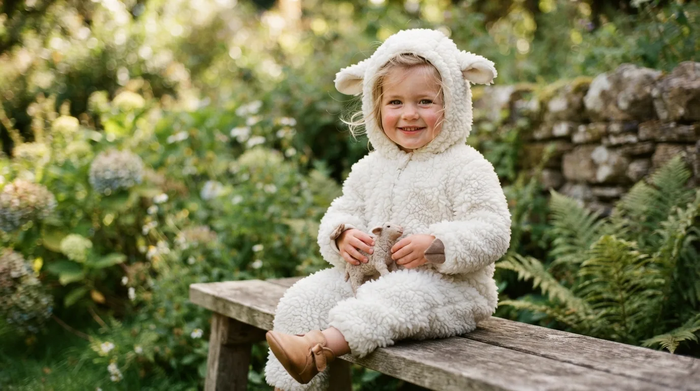 a child wearing a fluffy white sheep costume