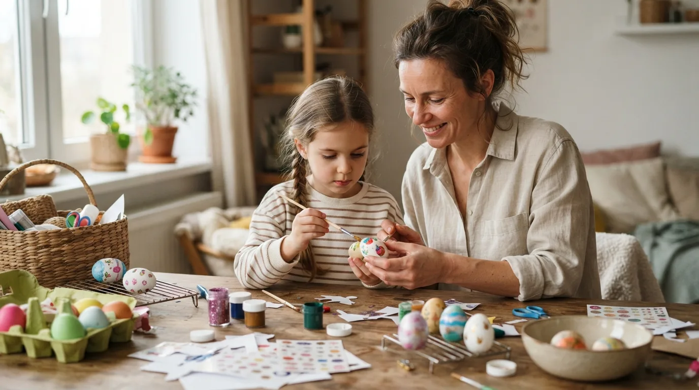 a child and parent making Easter decorations together