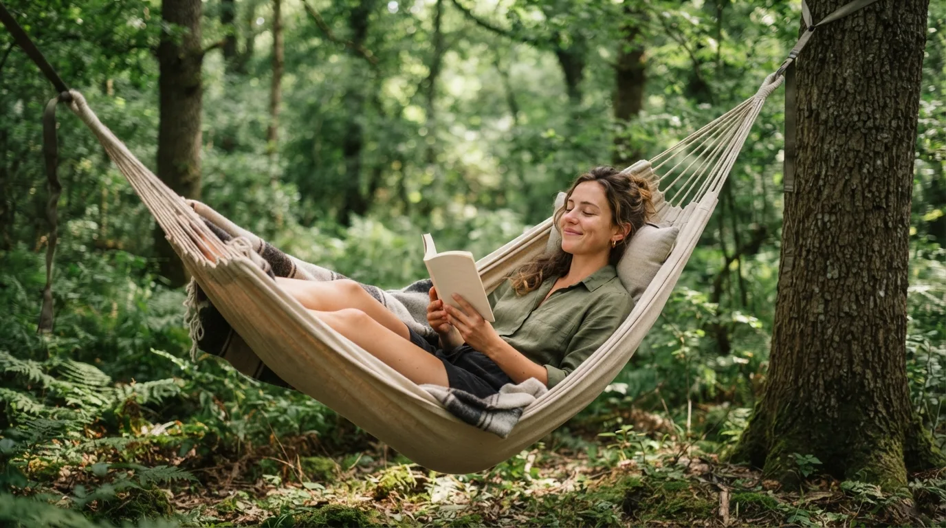 a person relaxing in a hammock in a forest