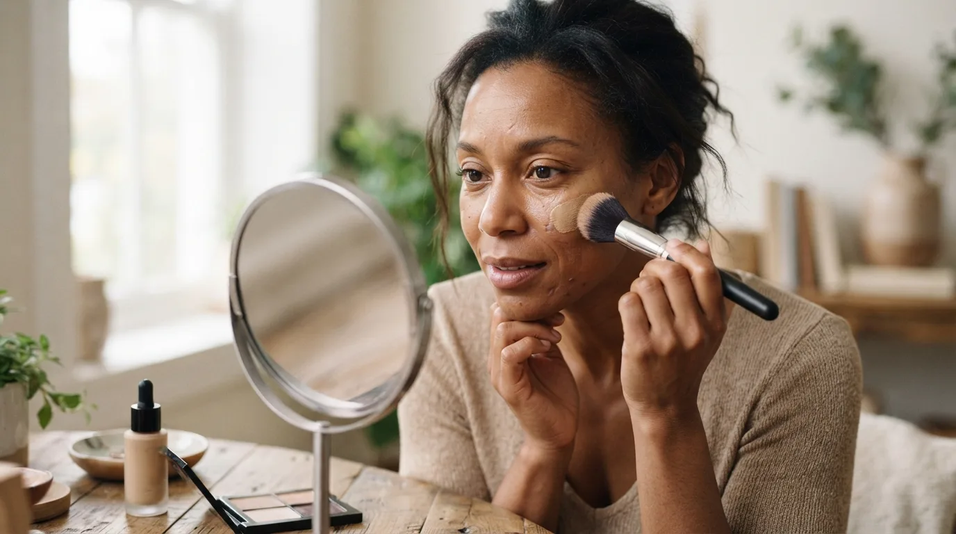 a woman applying foundation to her face with a brush