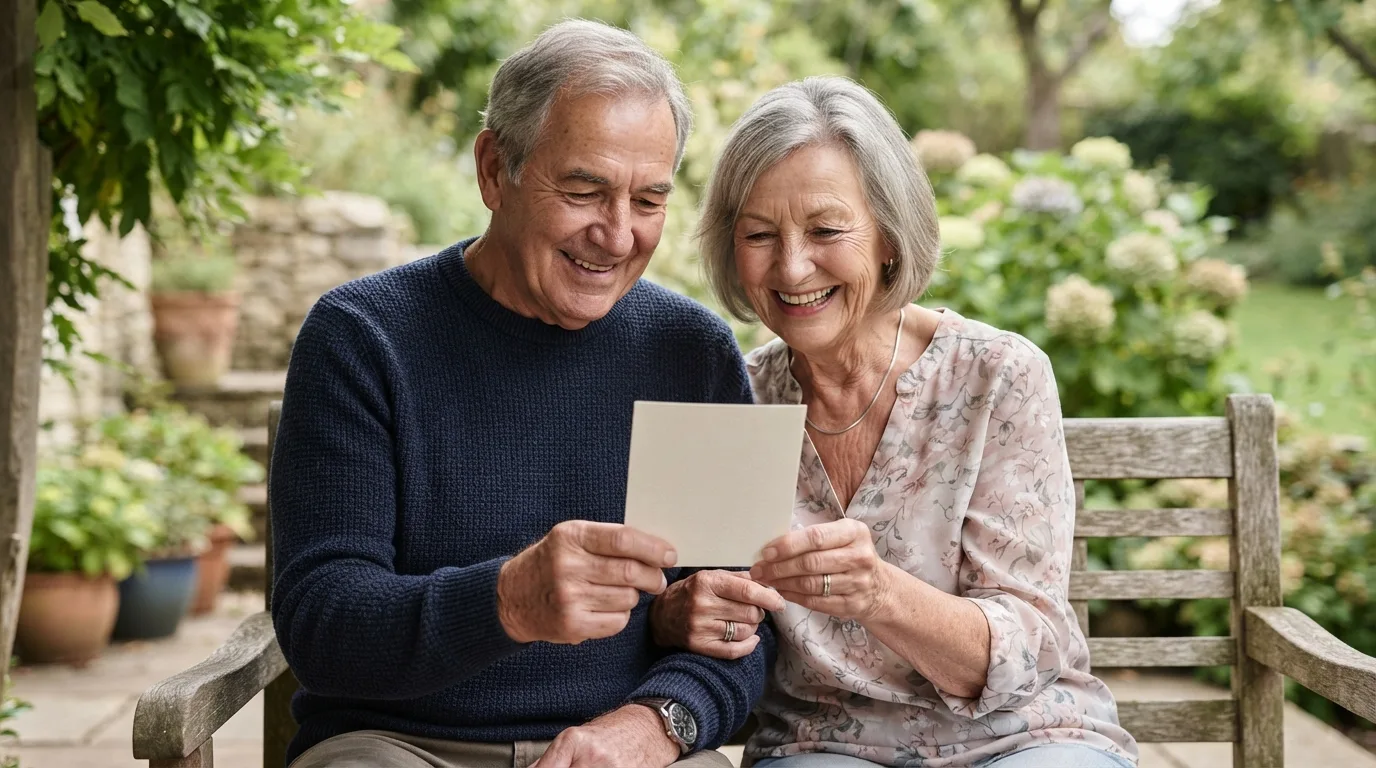 a smiling elderly couple holding a greeting card