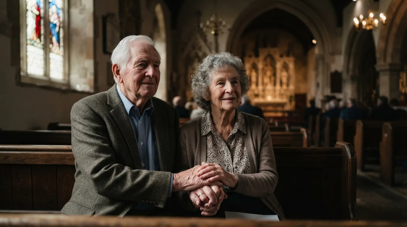 an elderly couple holding hands in a church