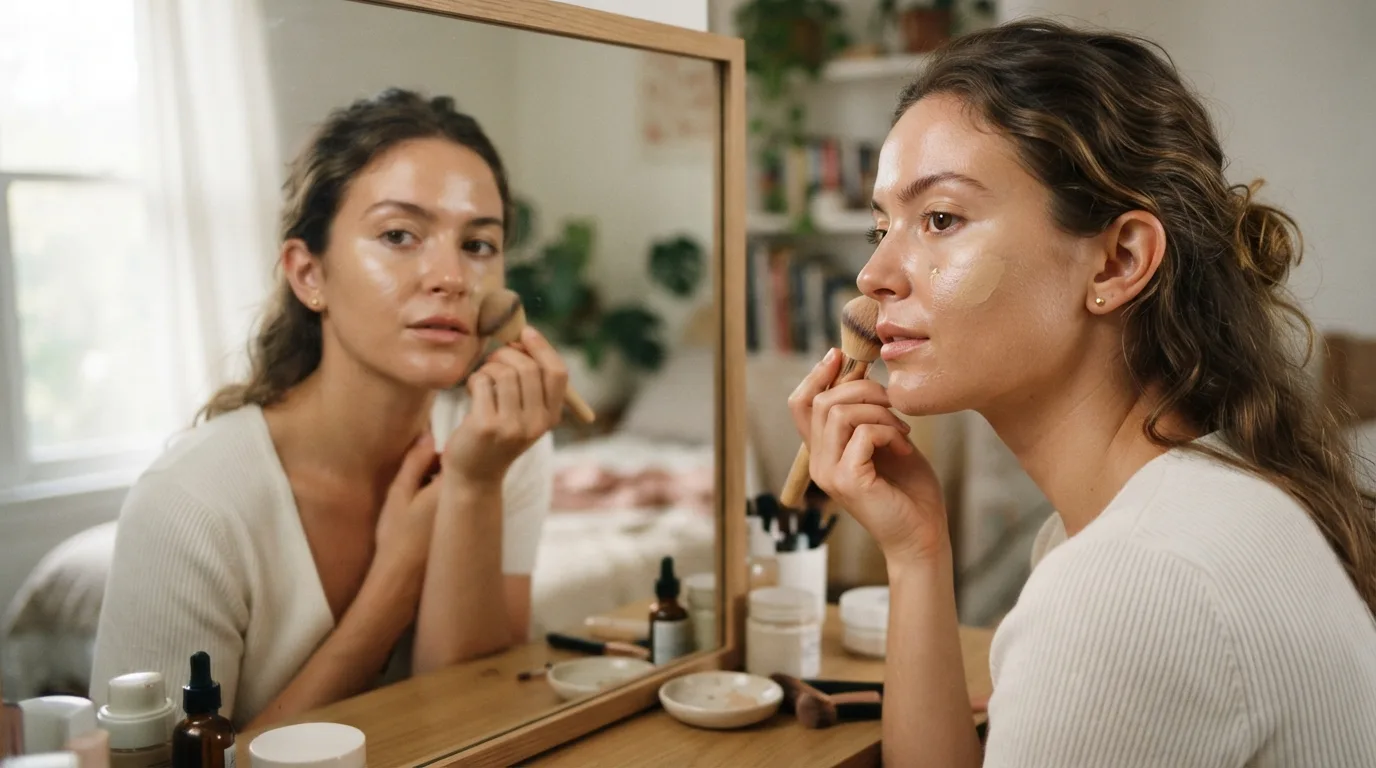 a woman applying foundation with a brush in front of a mirror