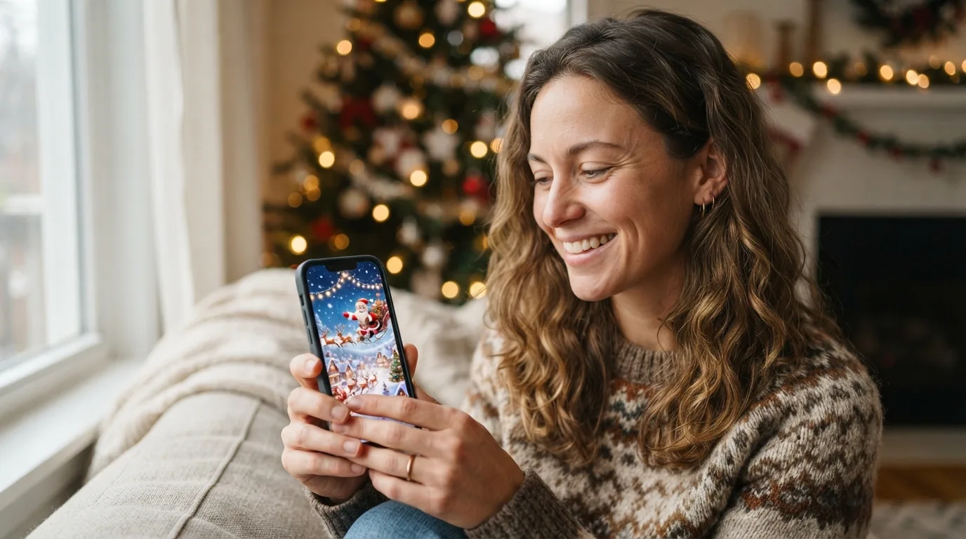 a person holding a smartphone displaying a festive Christmas animation