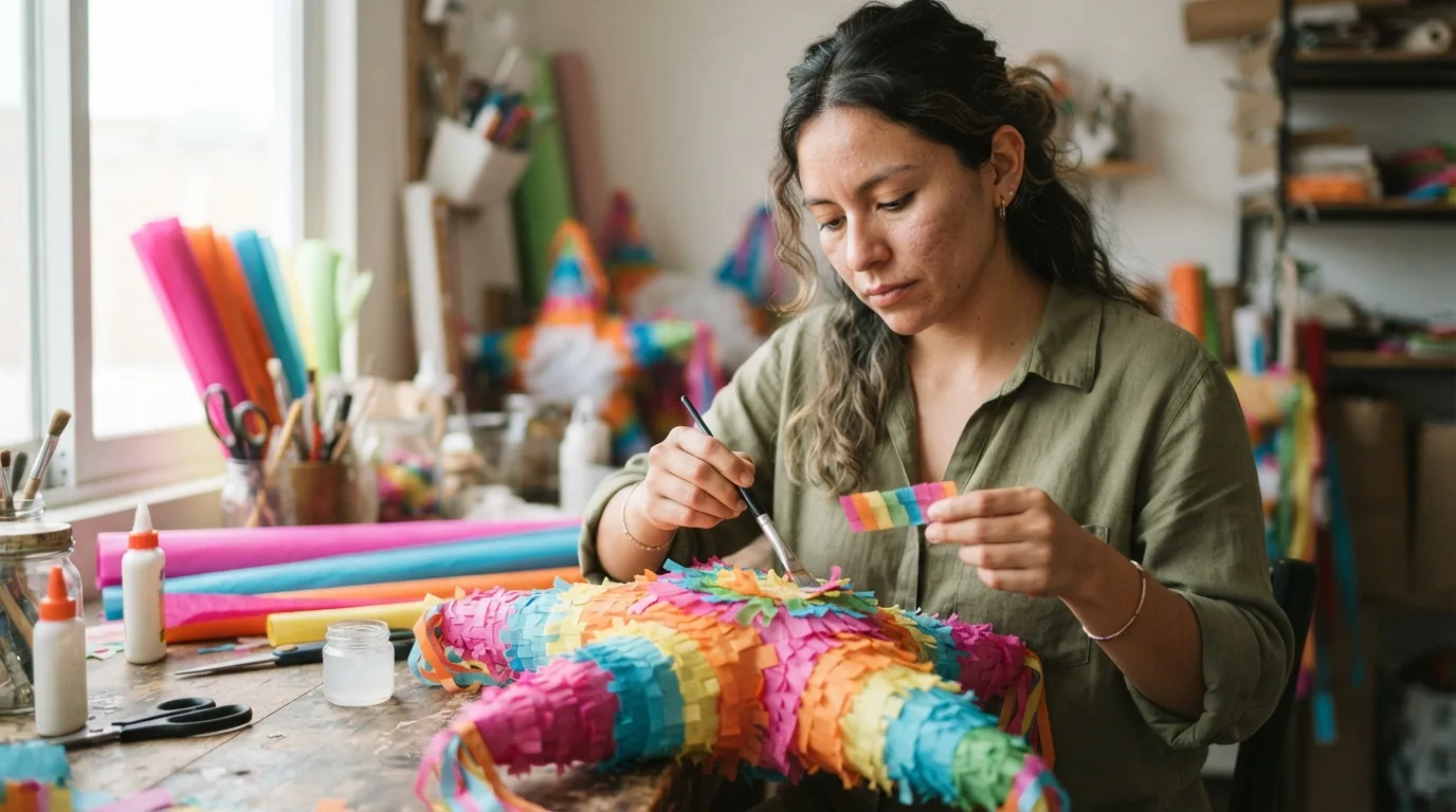 a person decorating a colorful paper piñata
