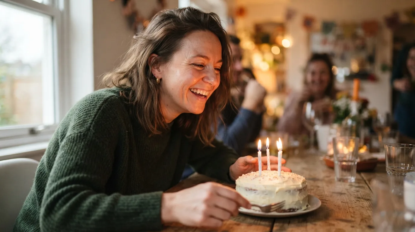 a woman celebrating a birthday with a cake and candles