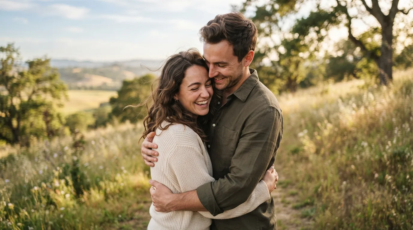 a couple embracing in a warm, sunlit outdoor setting