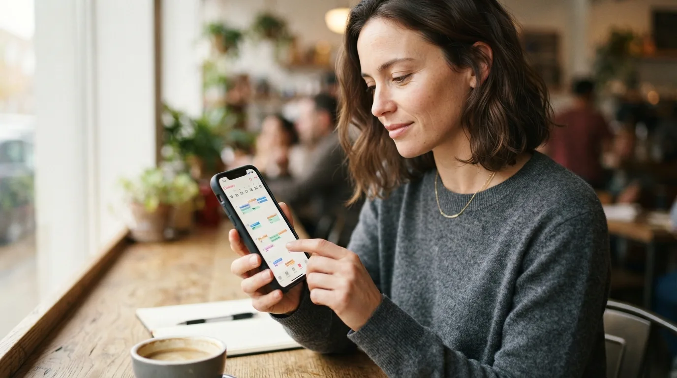 a person using a smartphone with a colorful calendar app on the screen