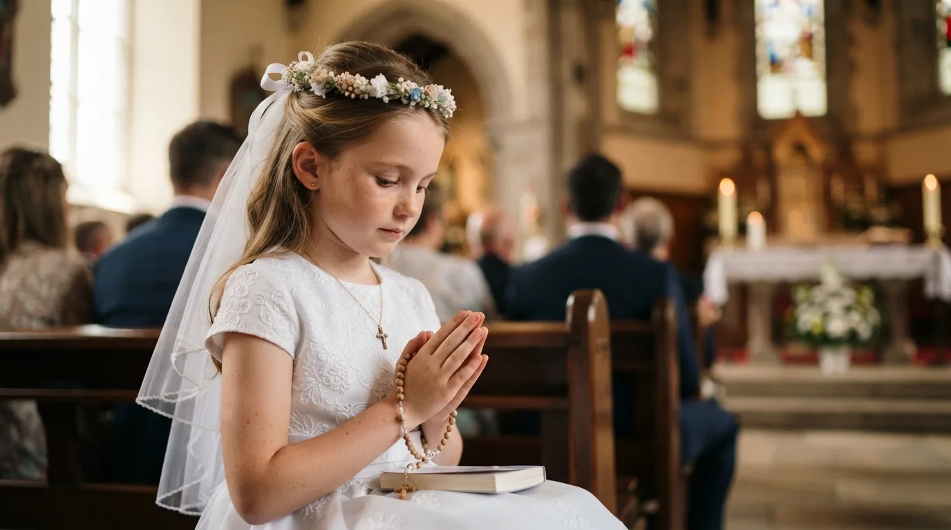 a child in white at a First Communion celebration