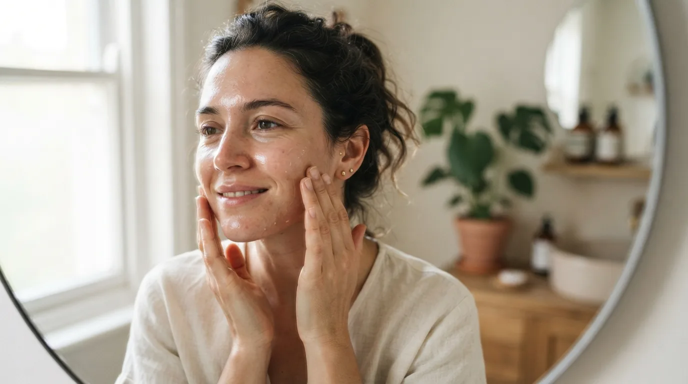 a woman applying a cream or serum to her face