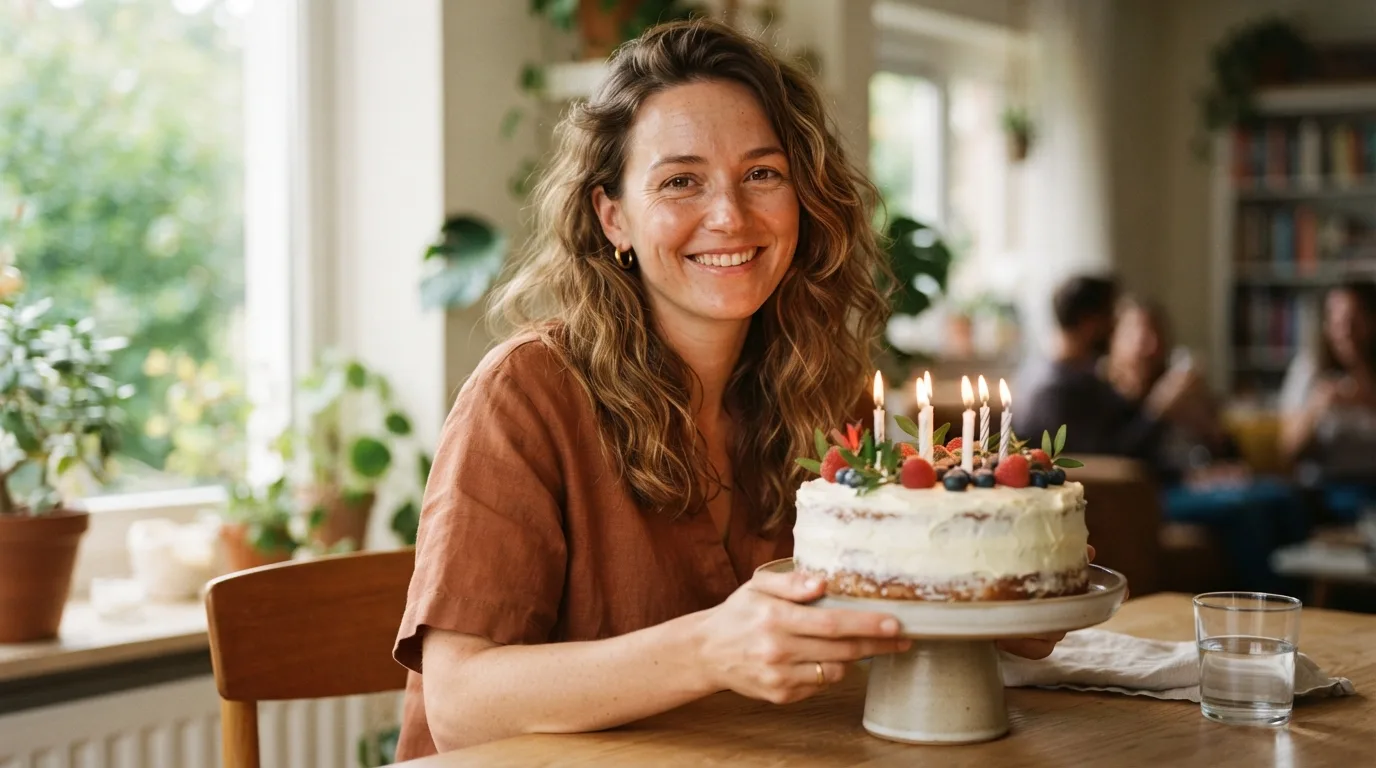 a smiling woman with a birthday cake