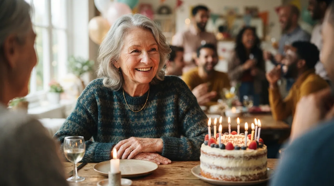 a smiling older woman or man at a birthday celebration with a cake