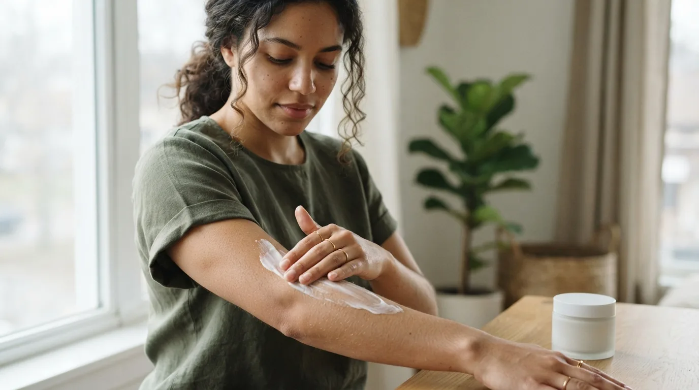 a woman applying lotion to her arm