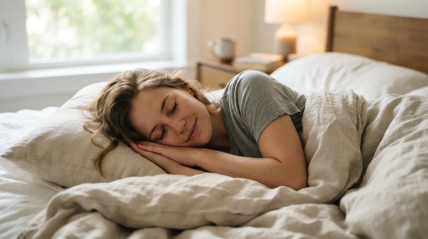 a person sleeping in bed with a dreamy expression