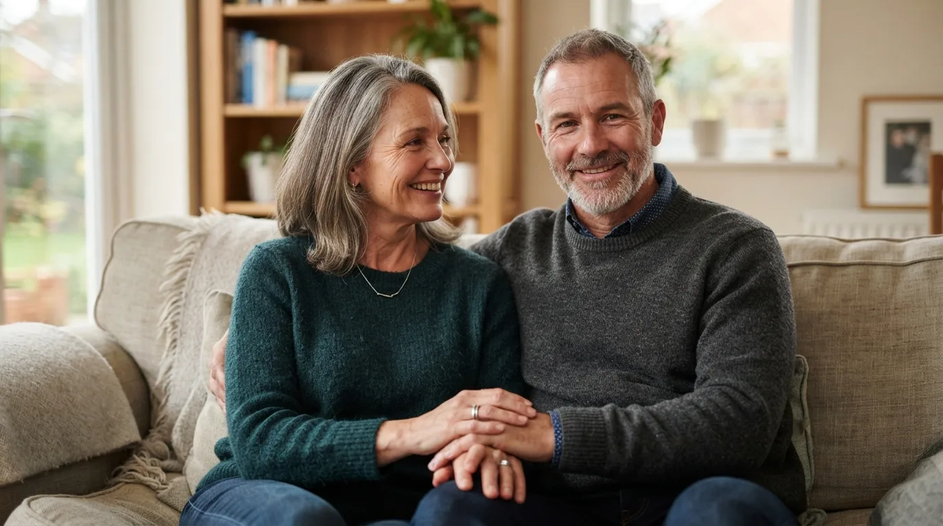 a middle-aged couple sitting together on a sofa, smiling and holding hands