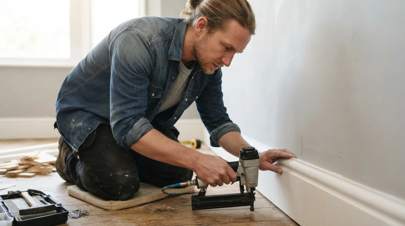 a person installing skirting boards in a room