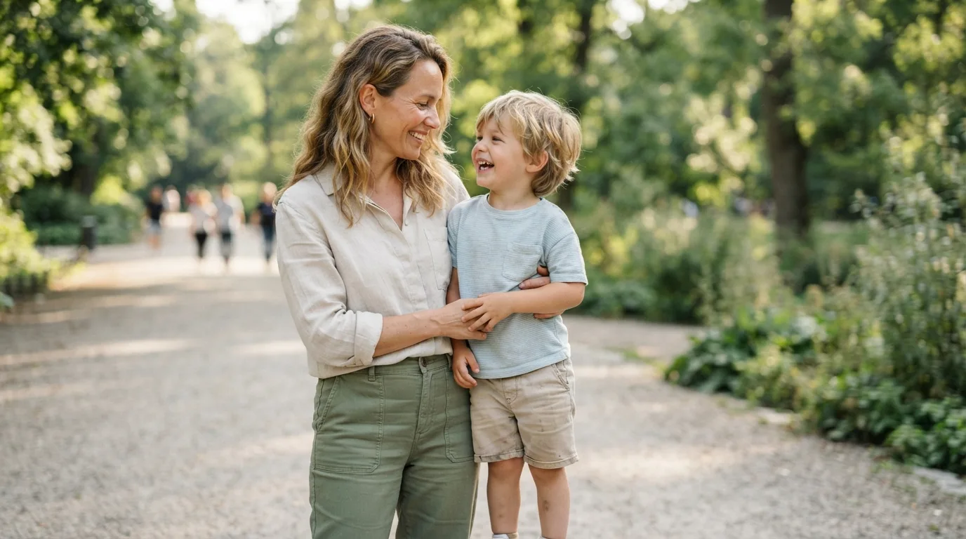 a parent and child standing outside in light clothing