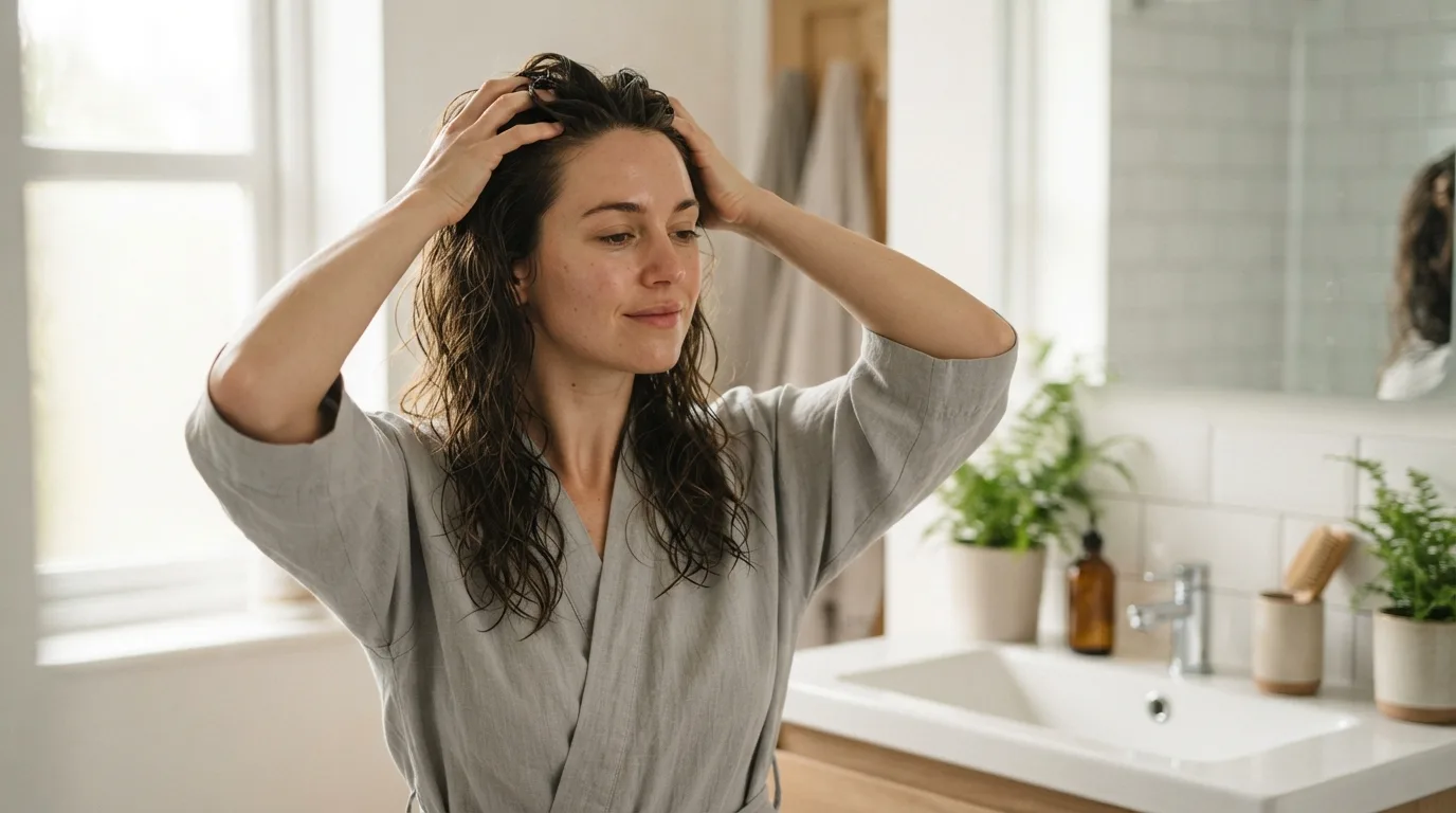 a woman massaging her scalp in a bathroom