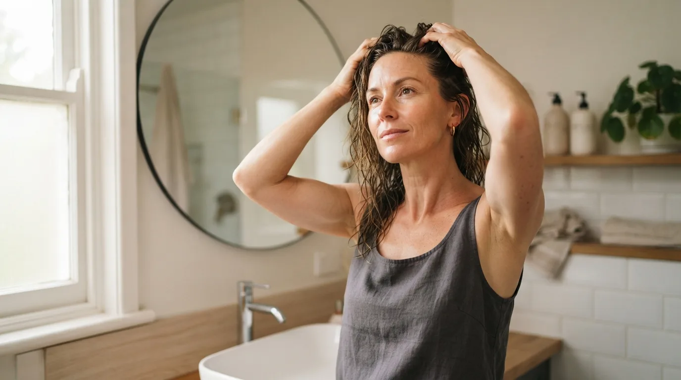 a woman massaging her scalp in a bathroom
