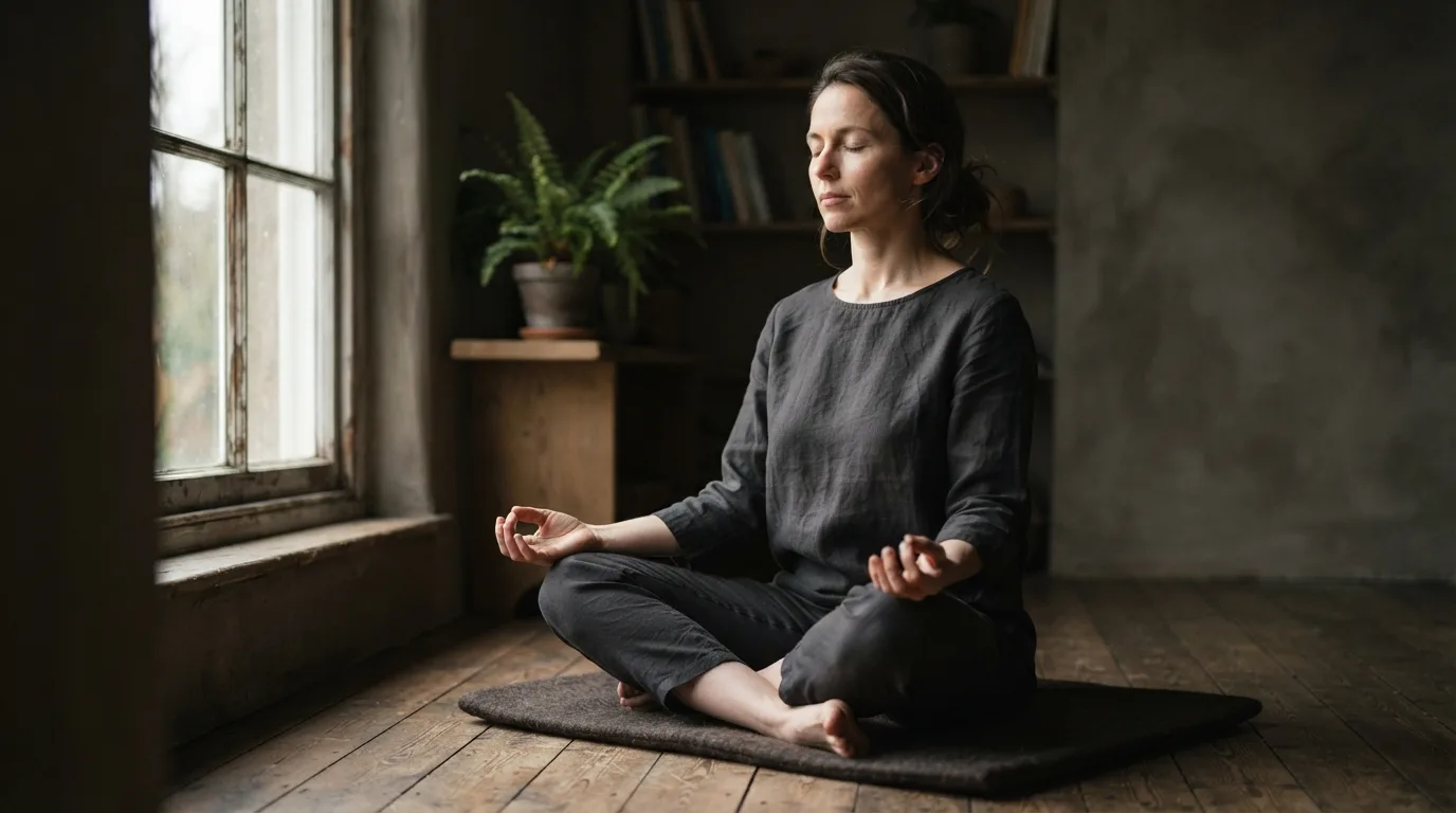 a person meditating in a dimly lit room