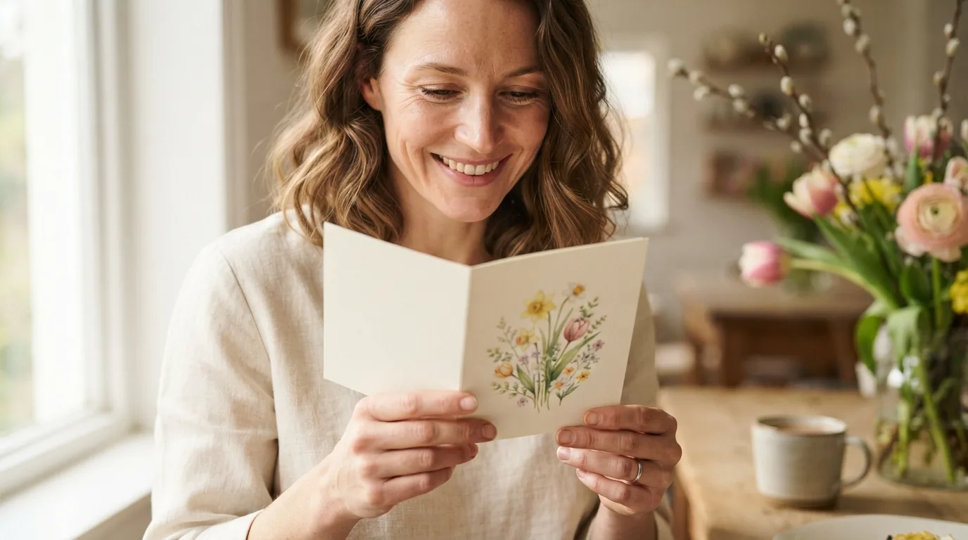 a person holding an Easter greeting card with spring flowers