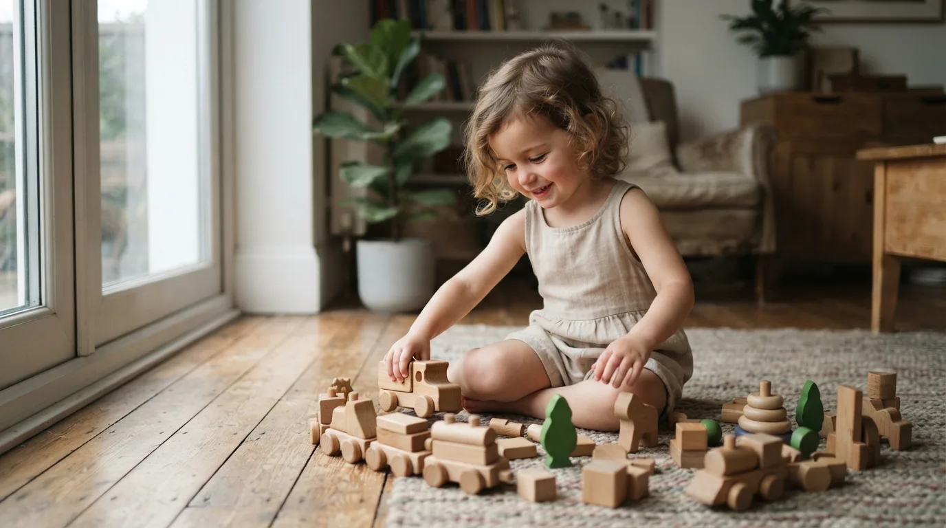 a child playing with wooden toys on a floor