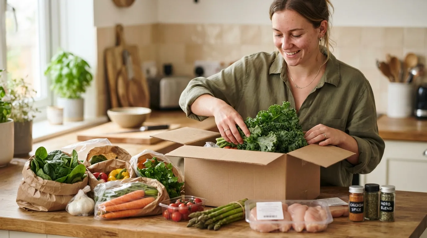 a person unpacking a meal kit box with fresh ingredients on a kitchen counter