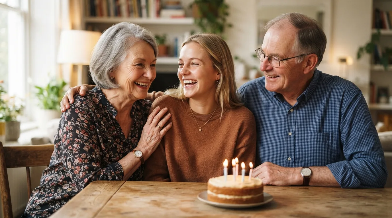 a grandmother and grandfather with a young woman on her birthday