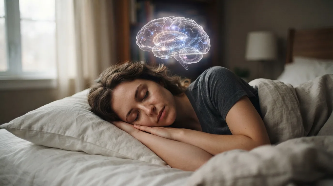 a person sleeping peacefully with a glowing brain illustration above