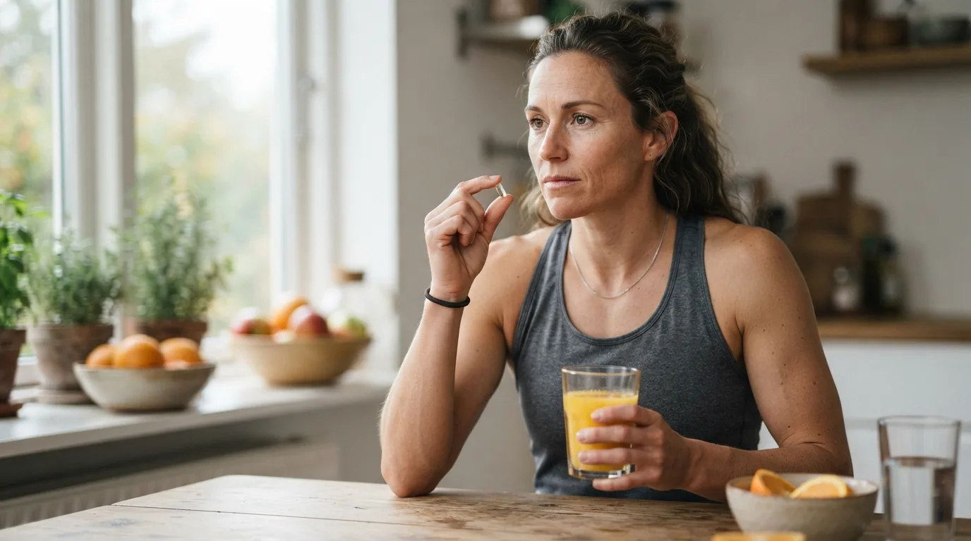 an athlete holding a supplement capsule and a glass of orange juice