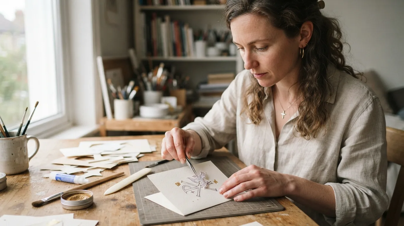 a person making a handmade card with religious symbols