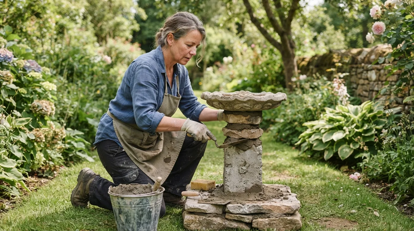 a person building a bird bath in a garden