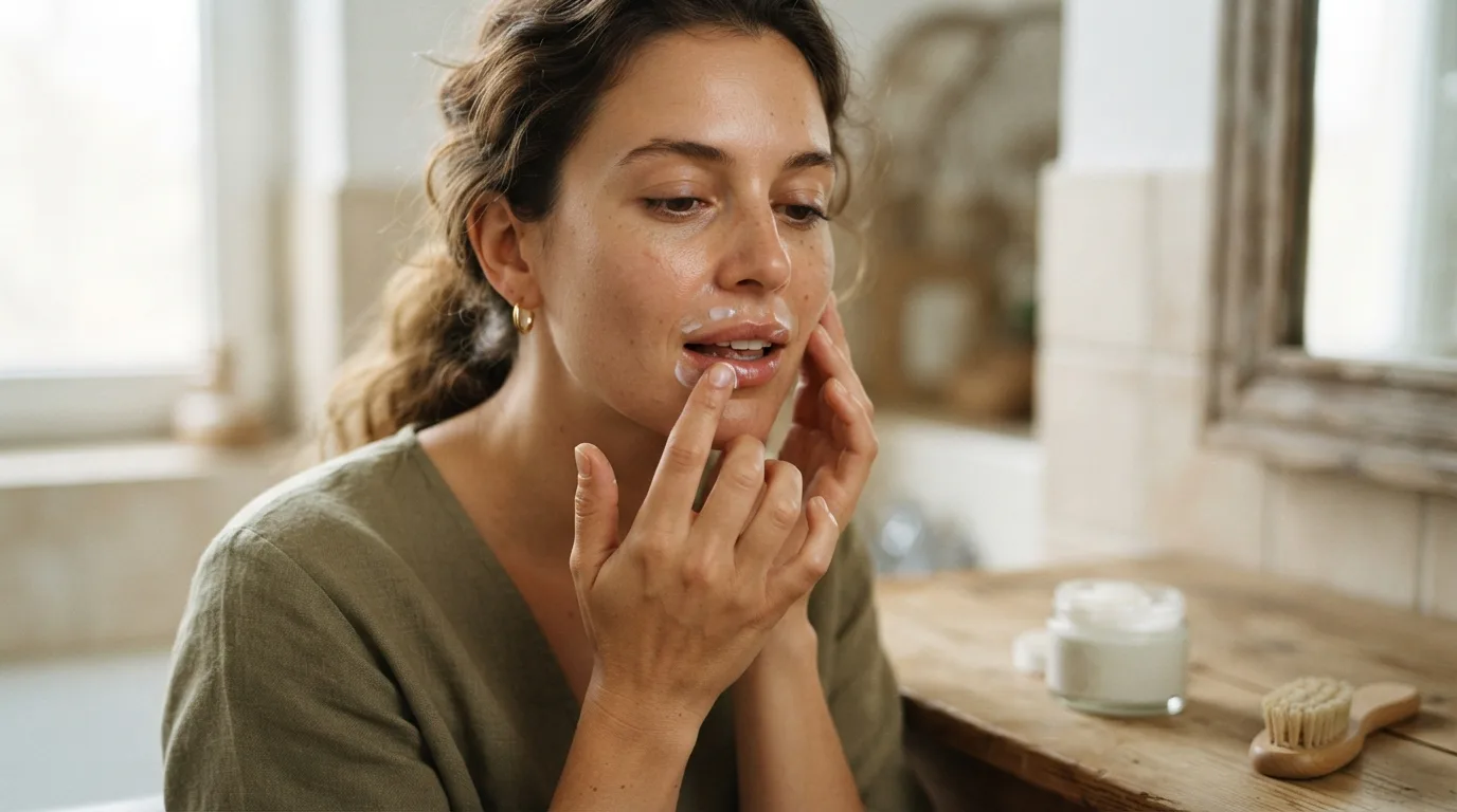 a woman applying cream around her mouth