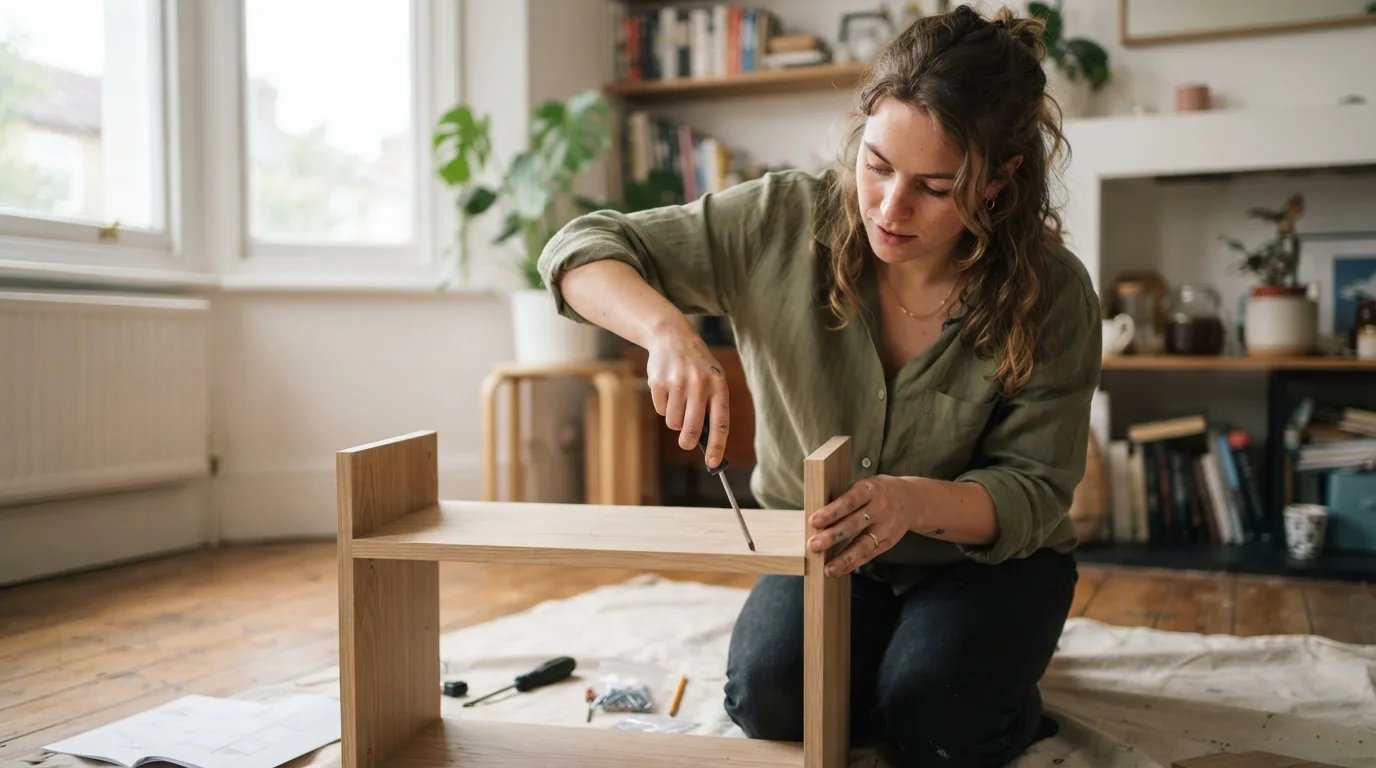 a person painting or assembling a piece of furniture at home